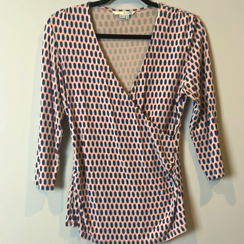 Boden Women's Ruched Wrap Shirt Geo Blue Red Beige